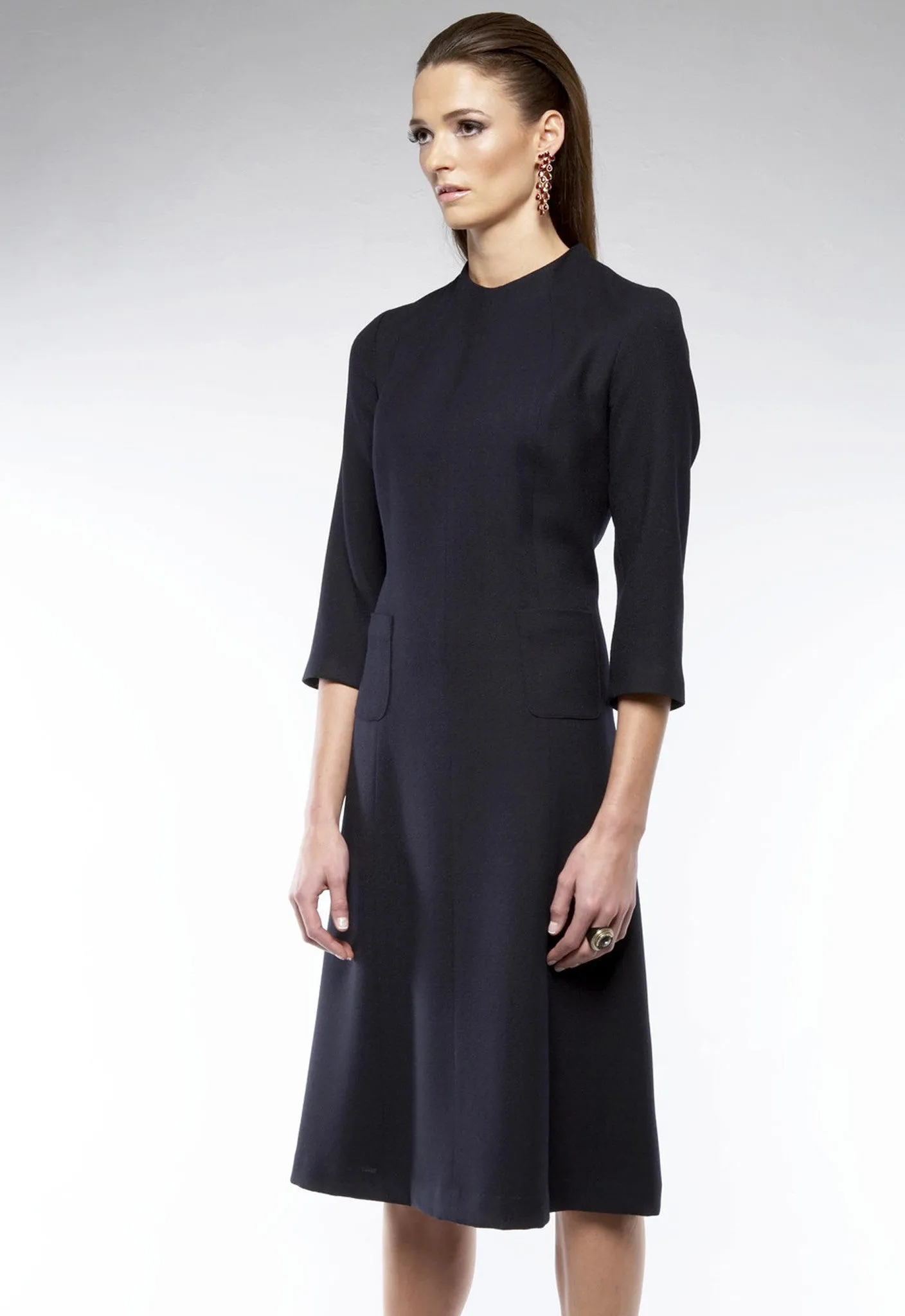 Demi Funnel Collar Day Dress with Pockets and 3/4 Length Sleeve