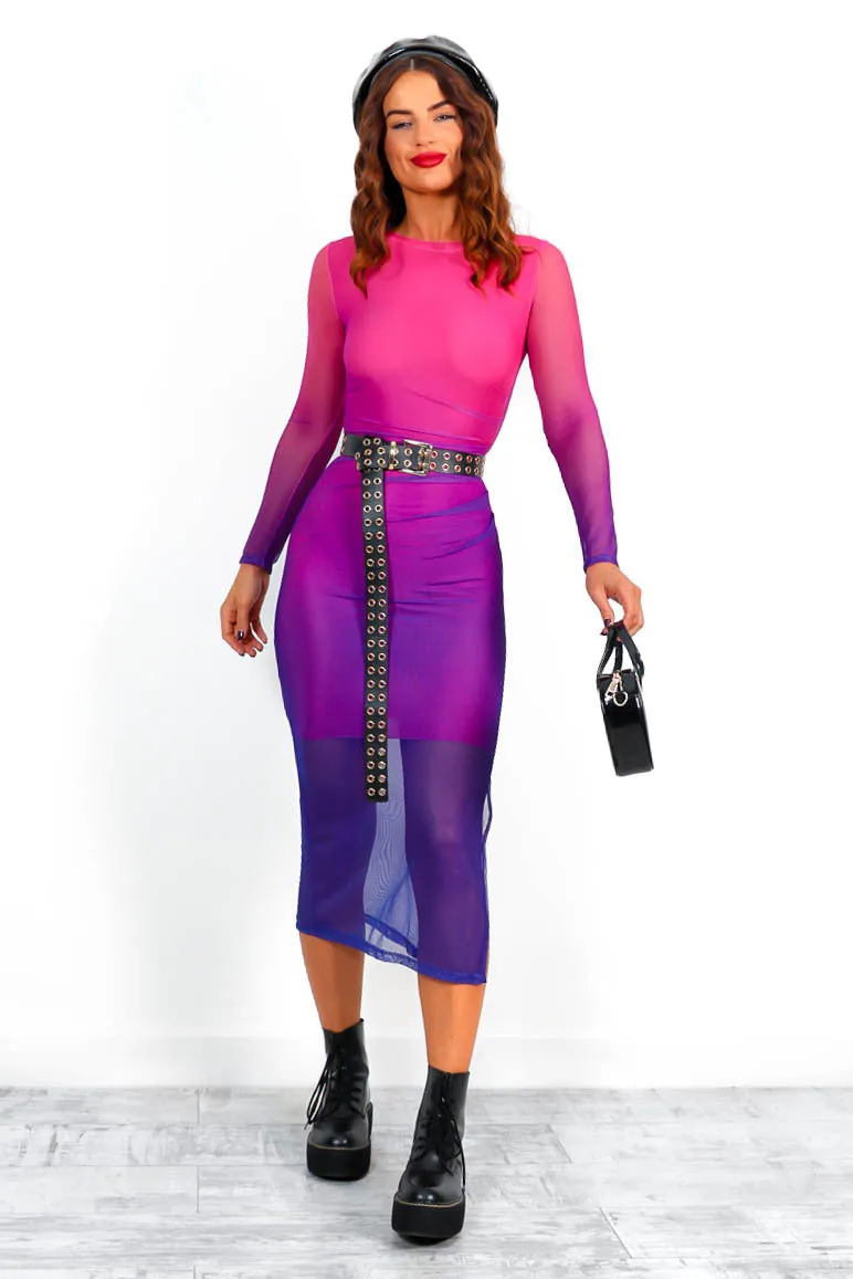 Dont Mesh Around - Pink Purple Ombre Mesh Midi Dress