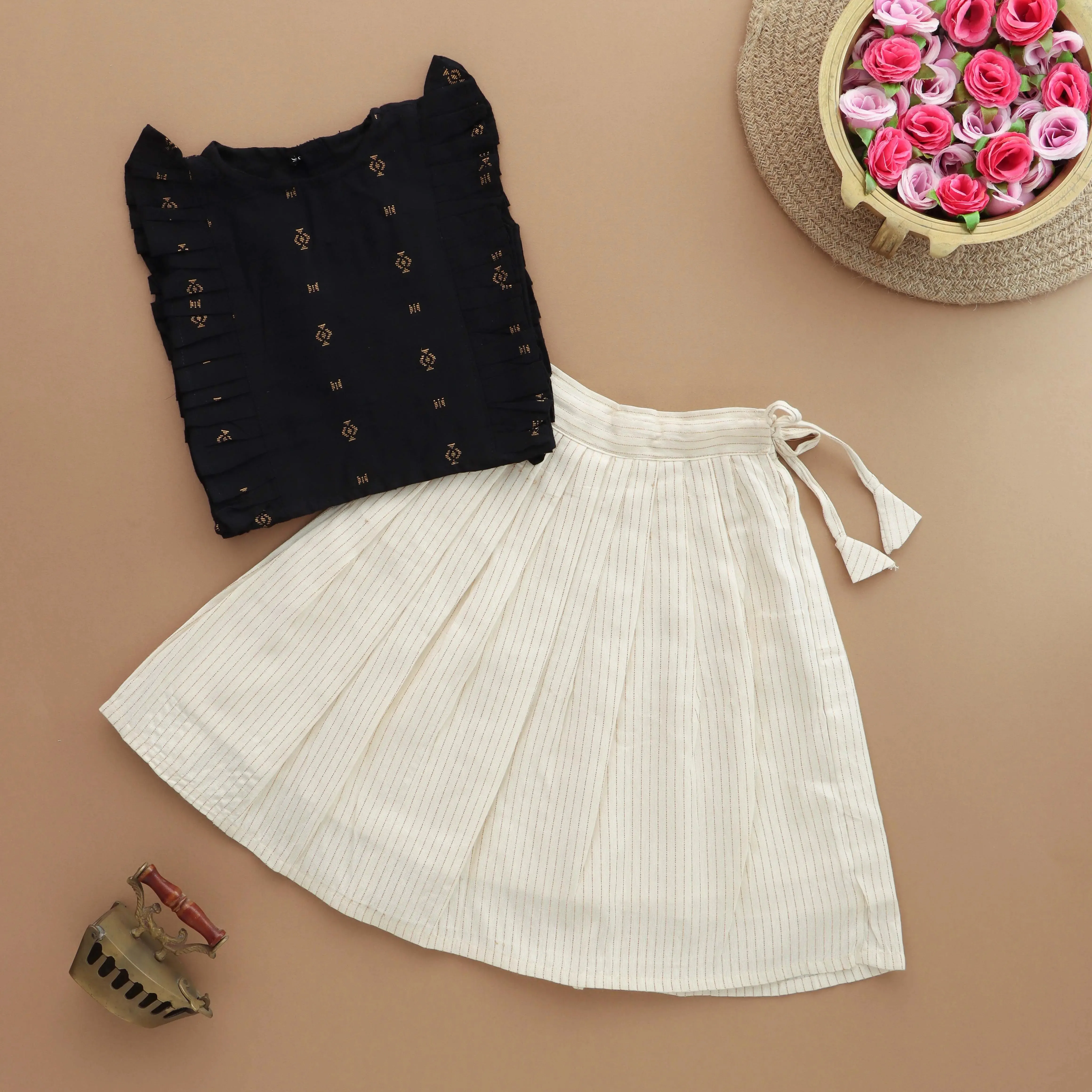 Elegant in Black: Adorable Ethnic Top With Cream Skirt For Girls