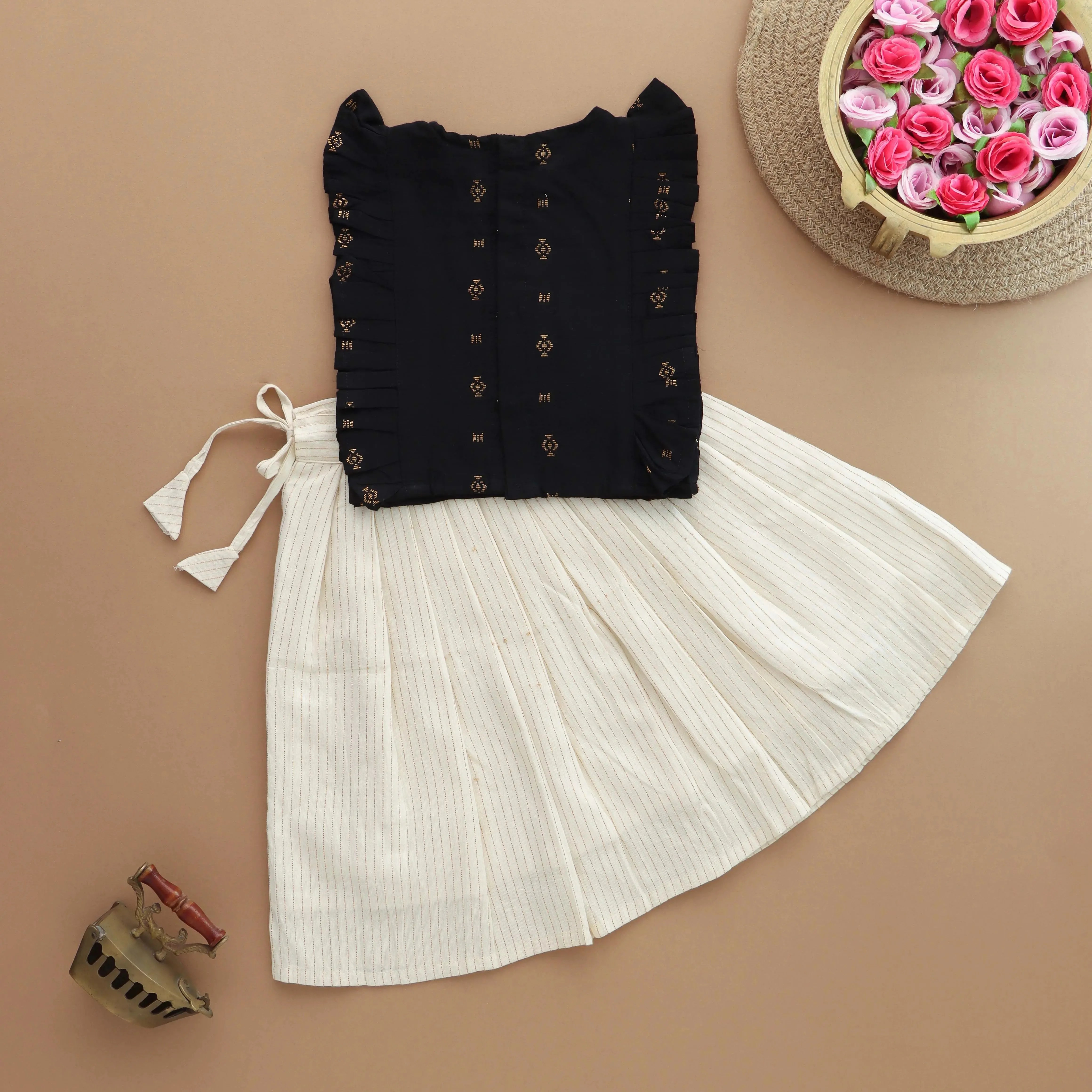 Elegant in Black: Adorable Ethnic Top With Cream Skirt For Girls