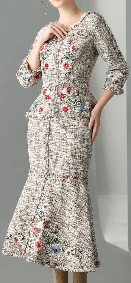 Embroidered Frayed Tweed Jacket & Skirt Set