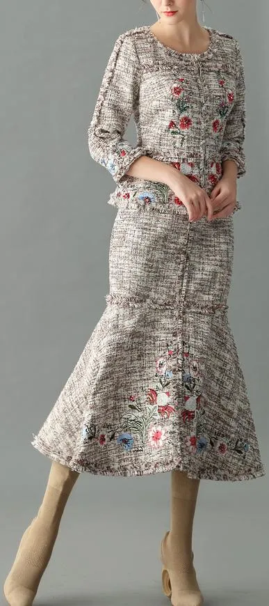 Embroidered Frayed Tweed Jacket & Skirt Set