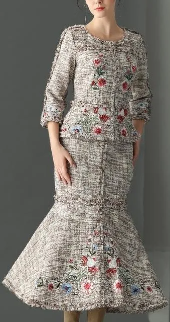 Embroidered Frayed Tweed Jacket & Skirt Set