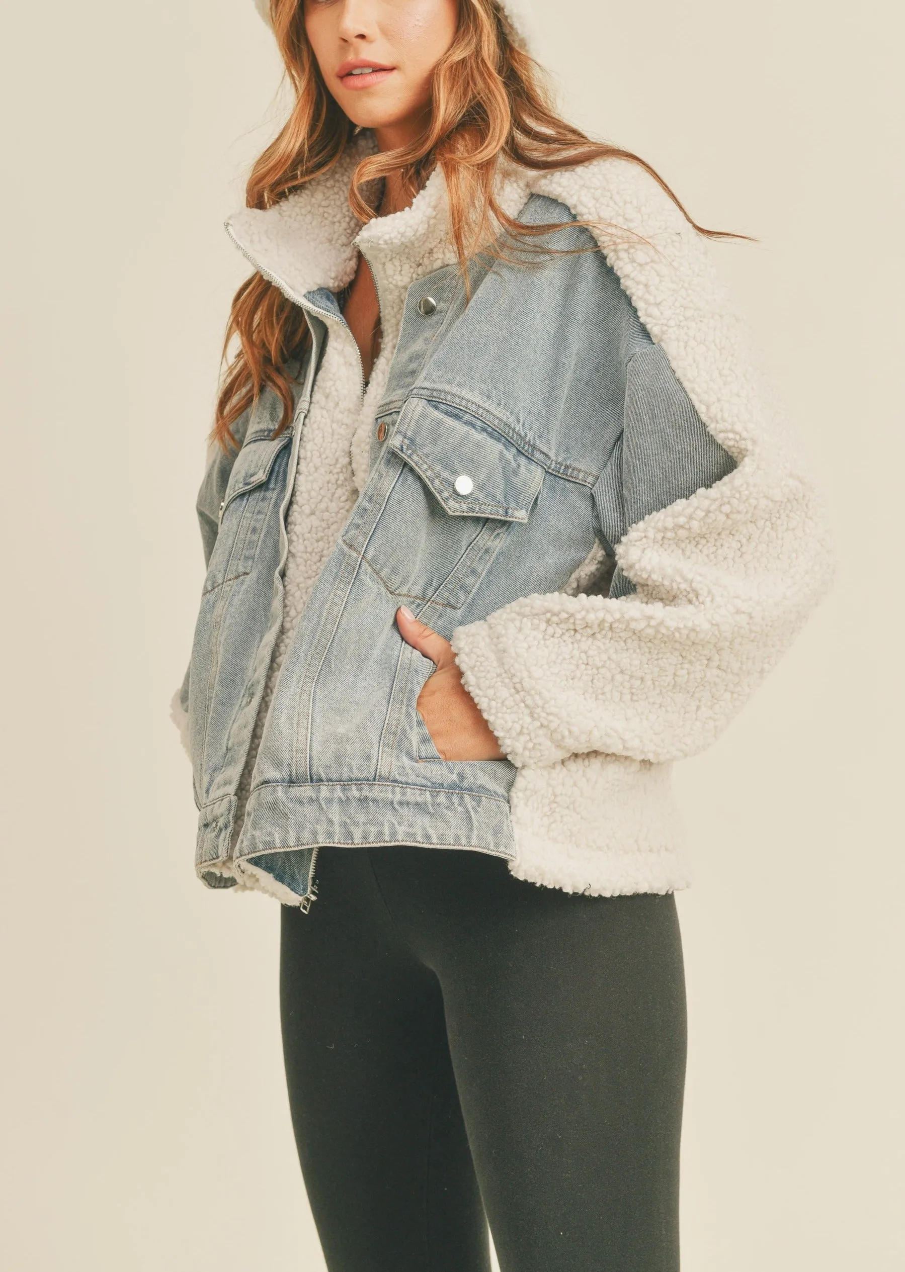 Fleece and Denim Combo Oversized Jacket