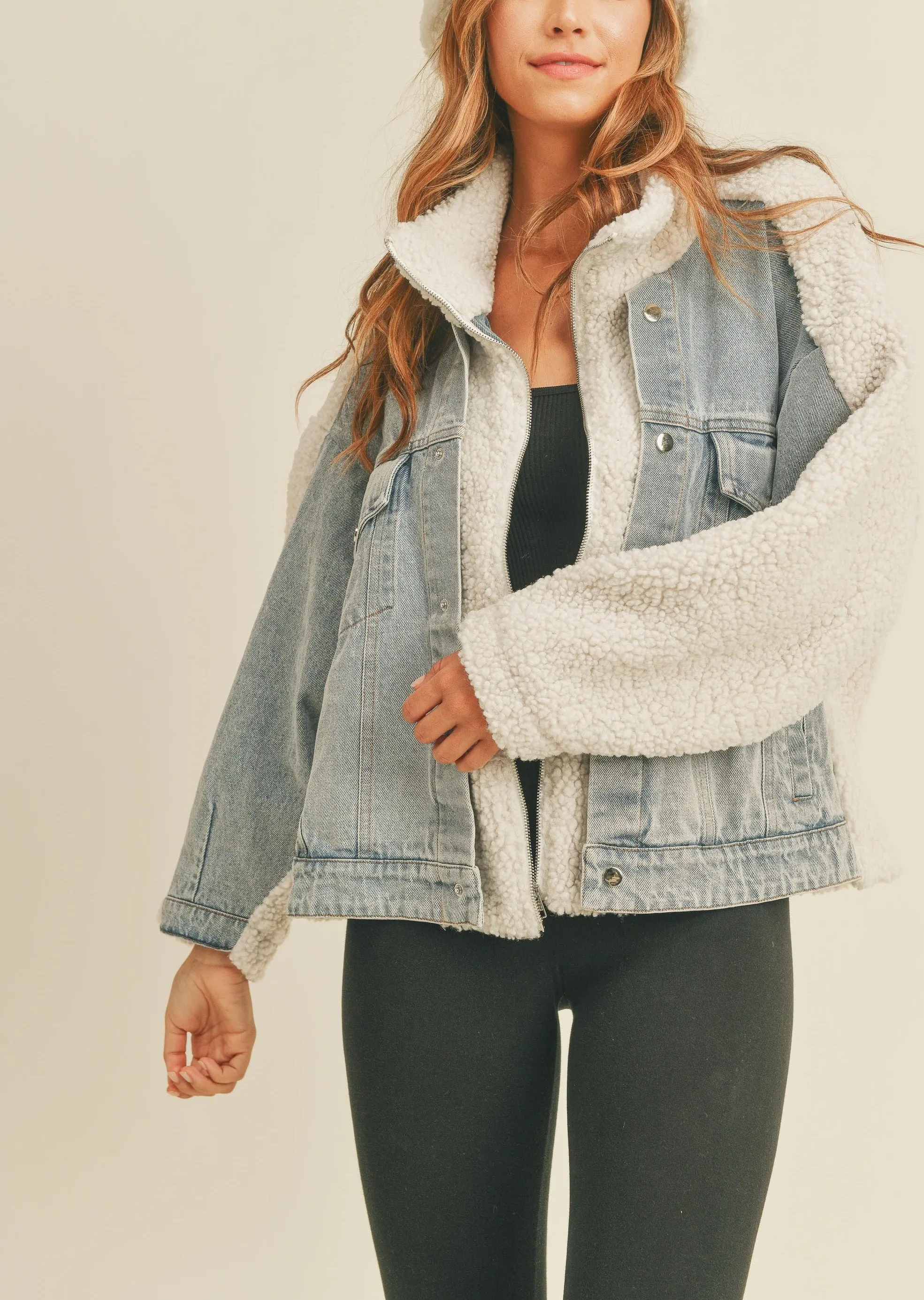 Fleece and Denim Combo Oversized Jacket