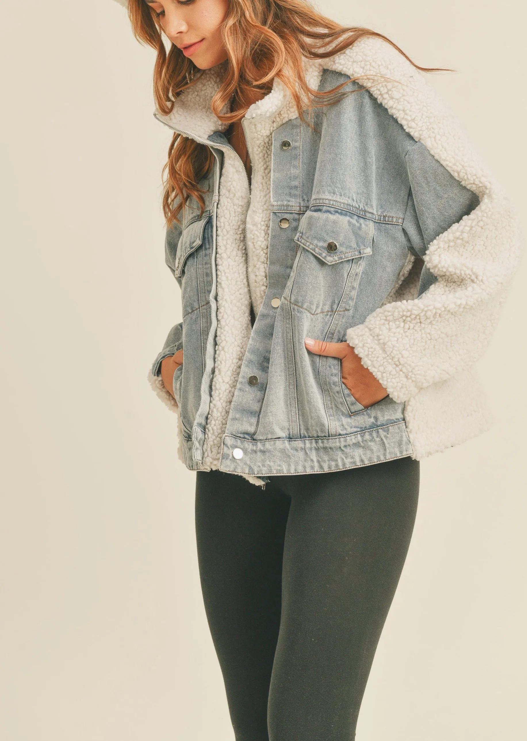 Fleece and Denim Combo Oversized Jacket