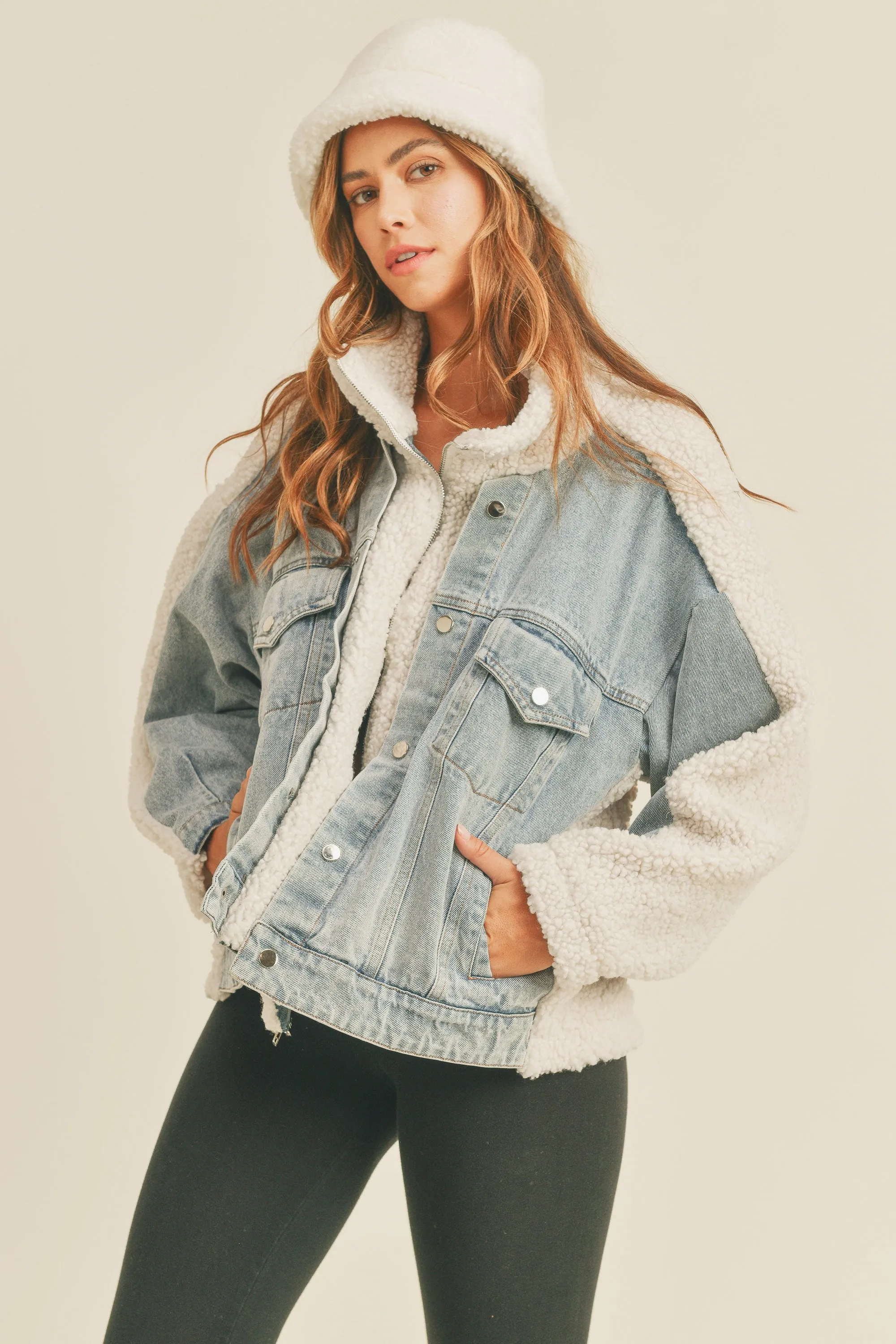 Fleece and Denim Combo Oversized Jacket