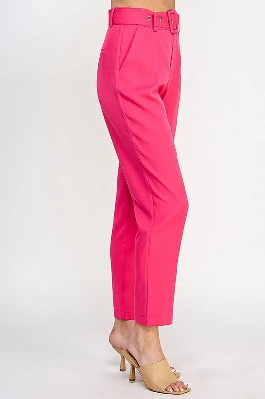 Fuchsia High Waist Pants With Belt Detail