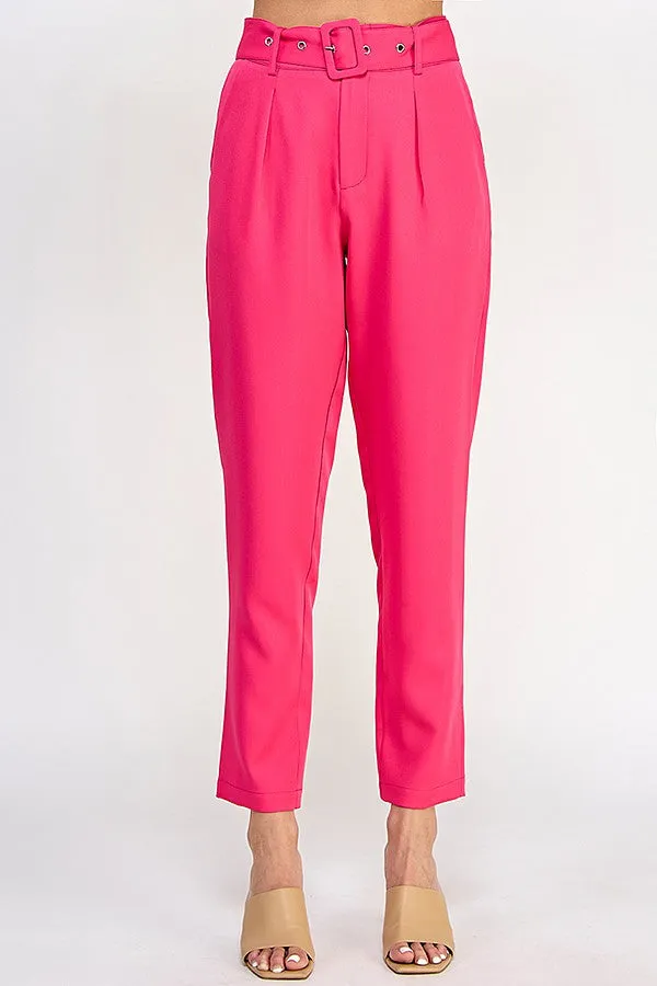 Fuchsia High Waist Pants With Belt Detail