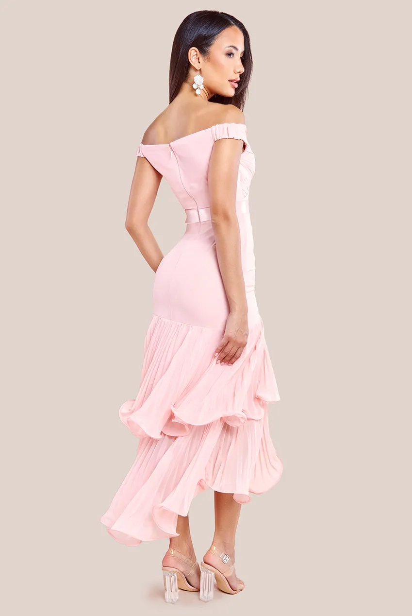 Goddiva Pleated Bardot High Low Tier Chiffon Midaxi Dress - Blush