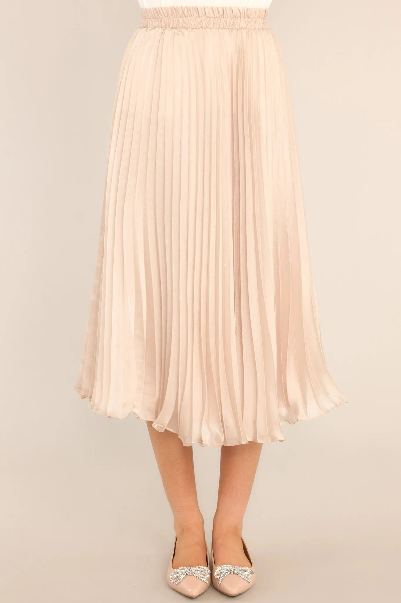 Graceful Champagne Pleated Satin Midi Skirt