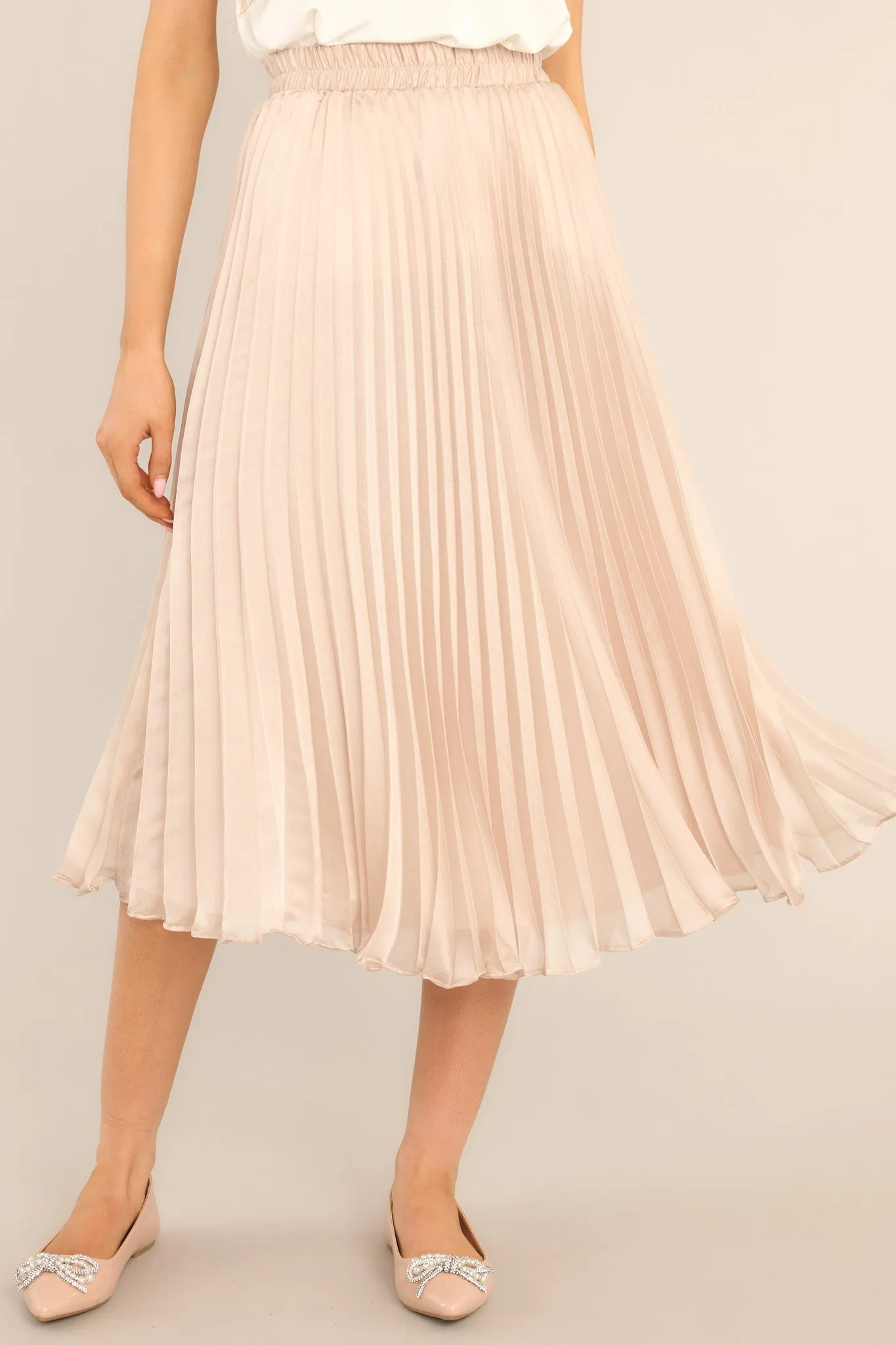 Graceful Champagne Pleated Satin Midi Skirt