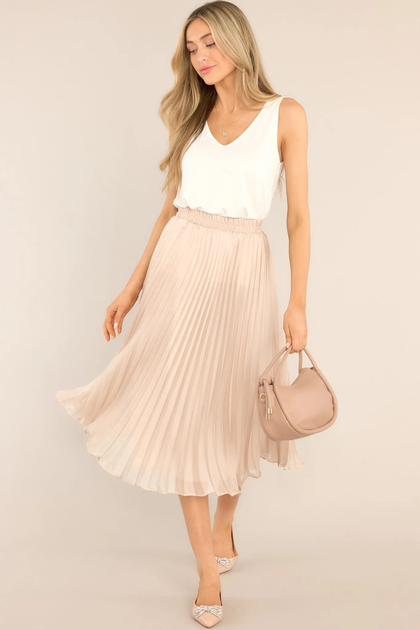 Graceful Champagne Pleated Satin Midi Skirt