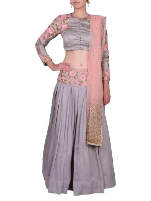 Grey Peach Raw Silk Embroidered Lehenga and Crop Top