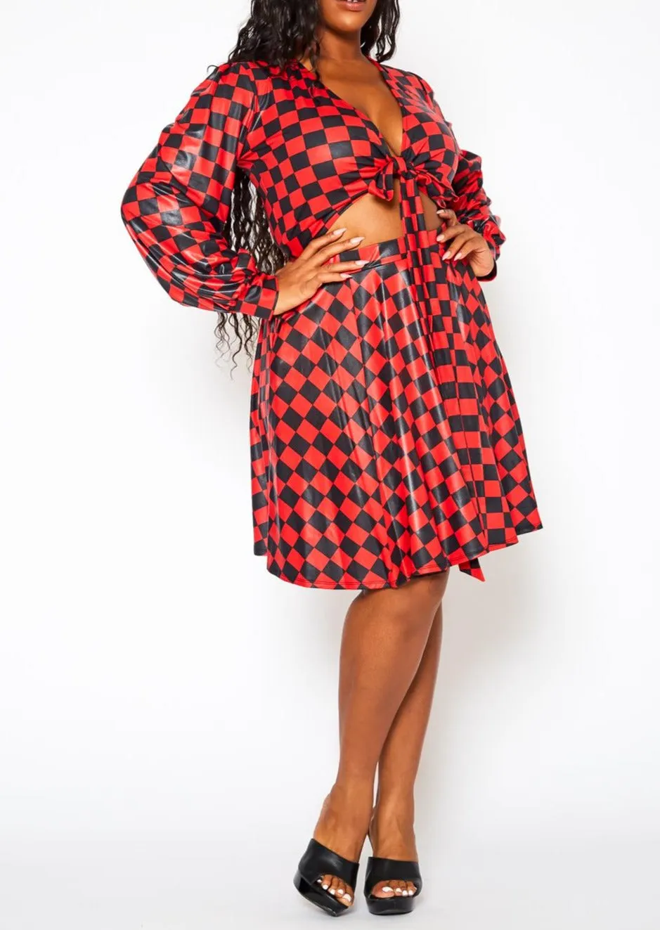 Hi Curvy Plus Size Checkered Print Wrap Top & Pleated Skirt Set