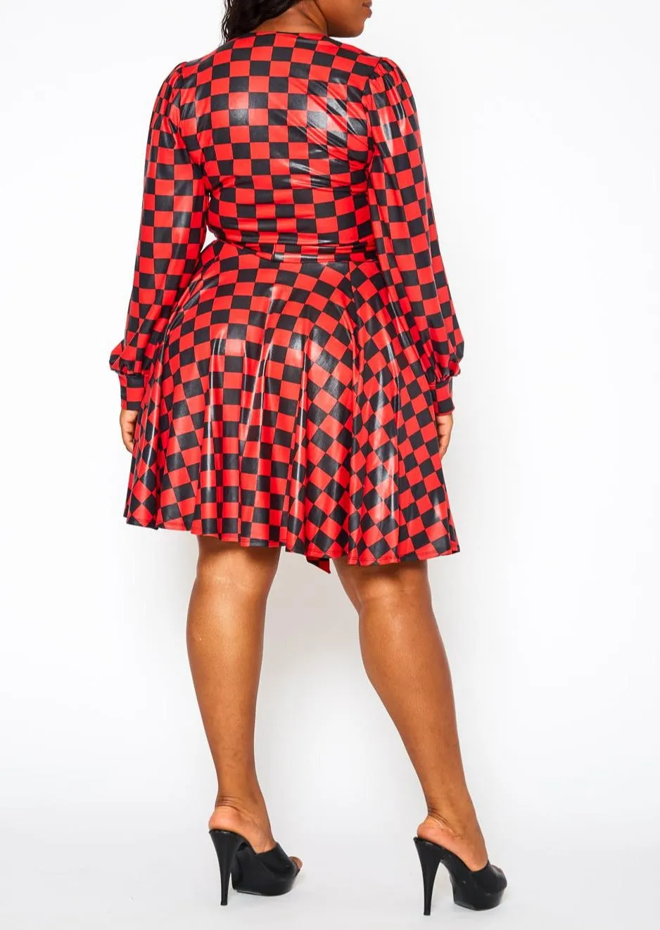 Hi Curvy Plus Size Checkered Print Wrap Top & Pleated Skirt Set