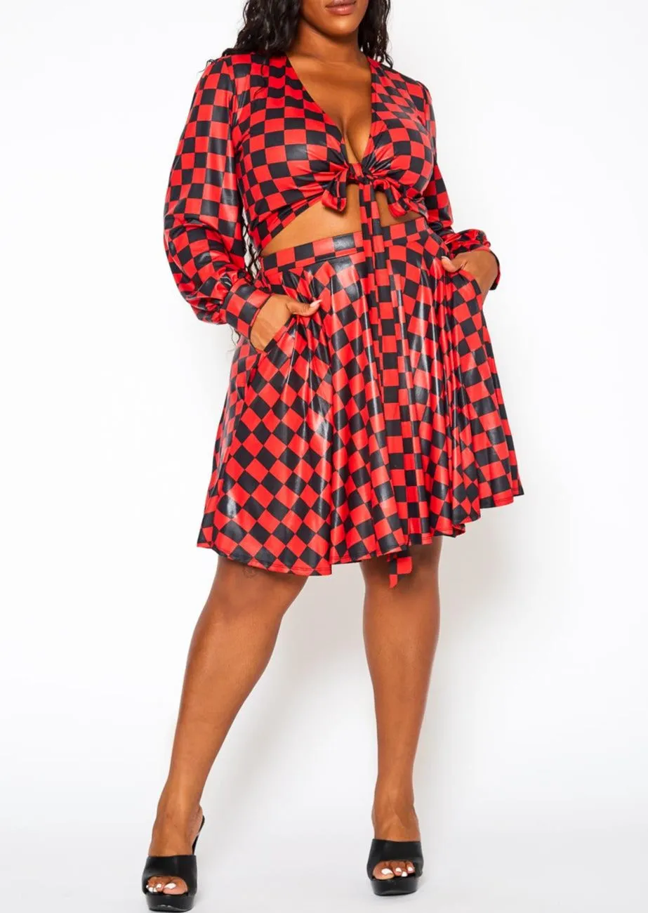 Hi Curvy Plus Size Checkered Print Wrap Top & Pleated Skirt Set