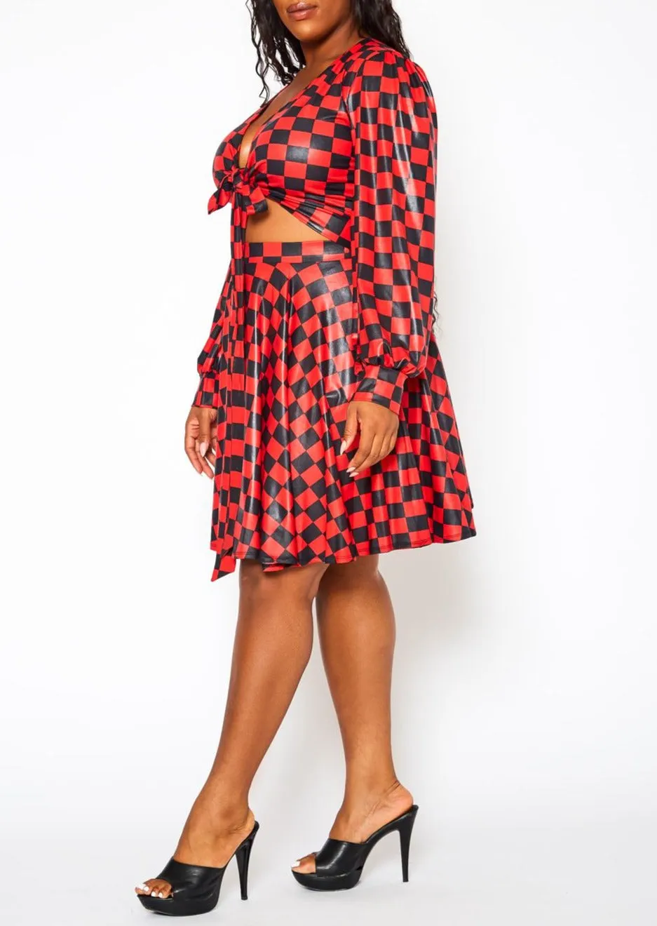 Hi Curvy Plus Size Checkered Print Wrap Top & Pleated Skirt Set