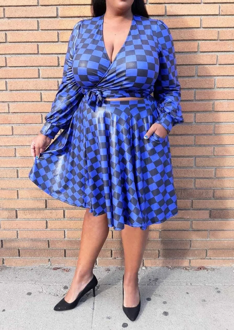 Hi Curvy Plus Size Checkered Print Wrap Top & Pleated Skirt Set