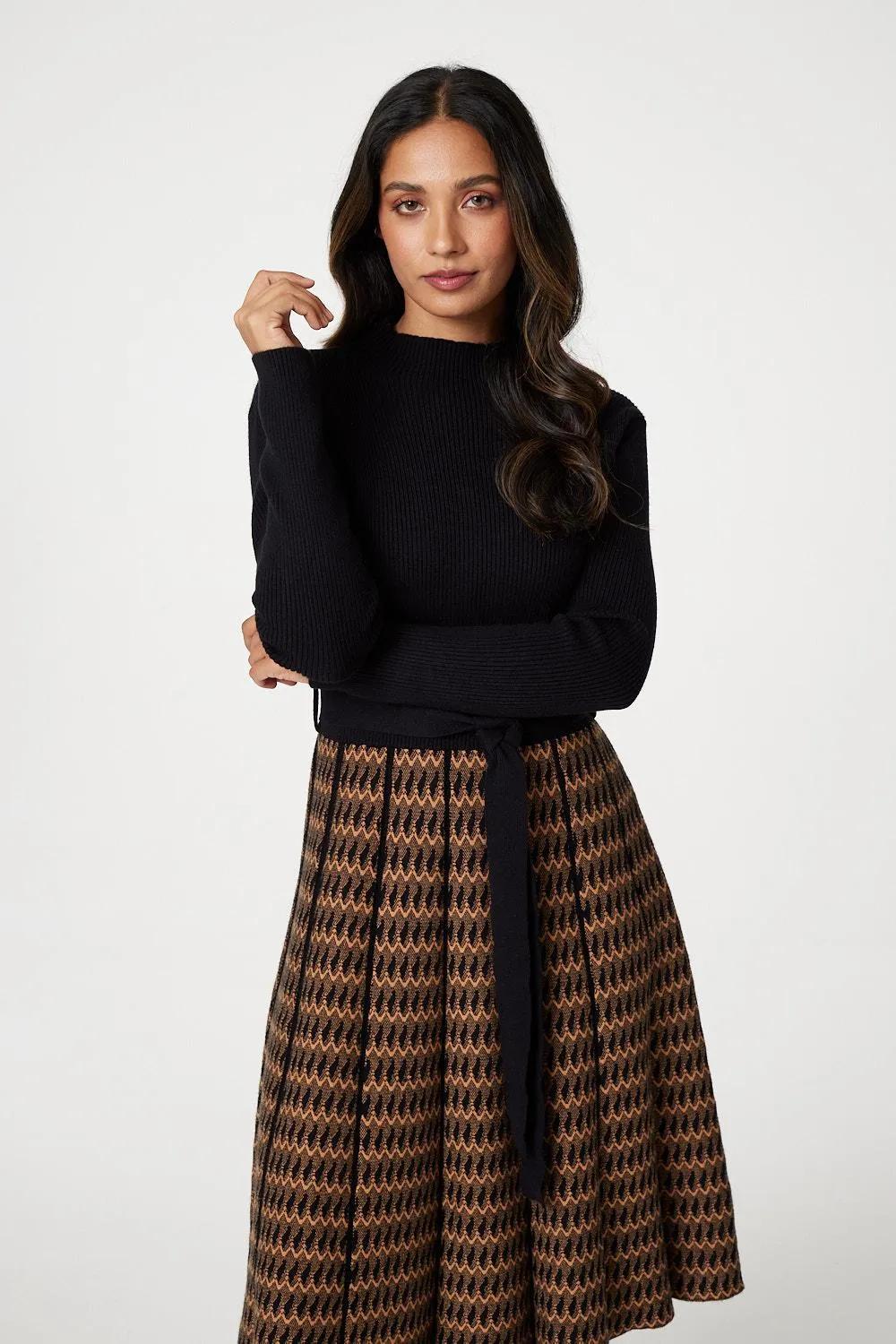 High Neck Midi Skater Knit Dress