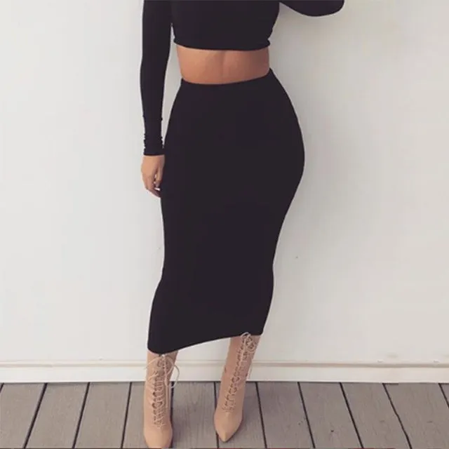 High Waist Pencil Midi Skirt Bodycon Long Skirt Cotton Maxi Skirt