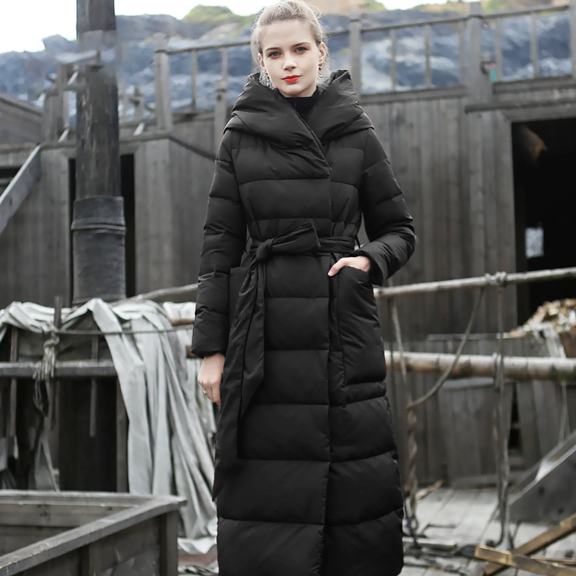 Hooded Belted Wrap Long Down Puffer Coat