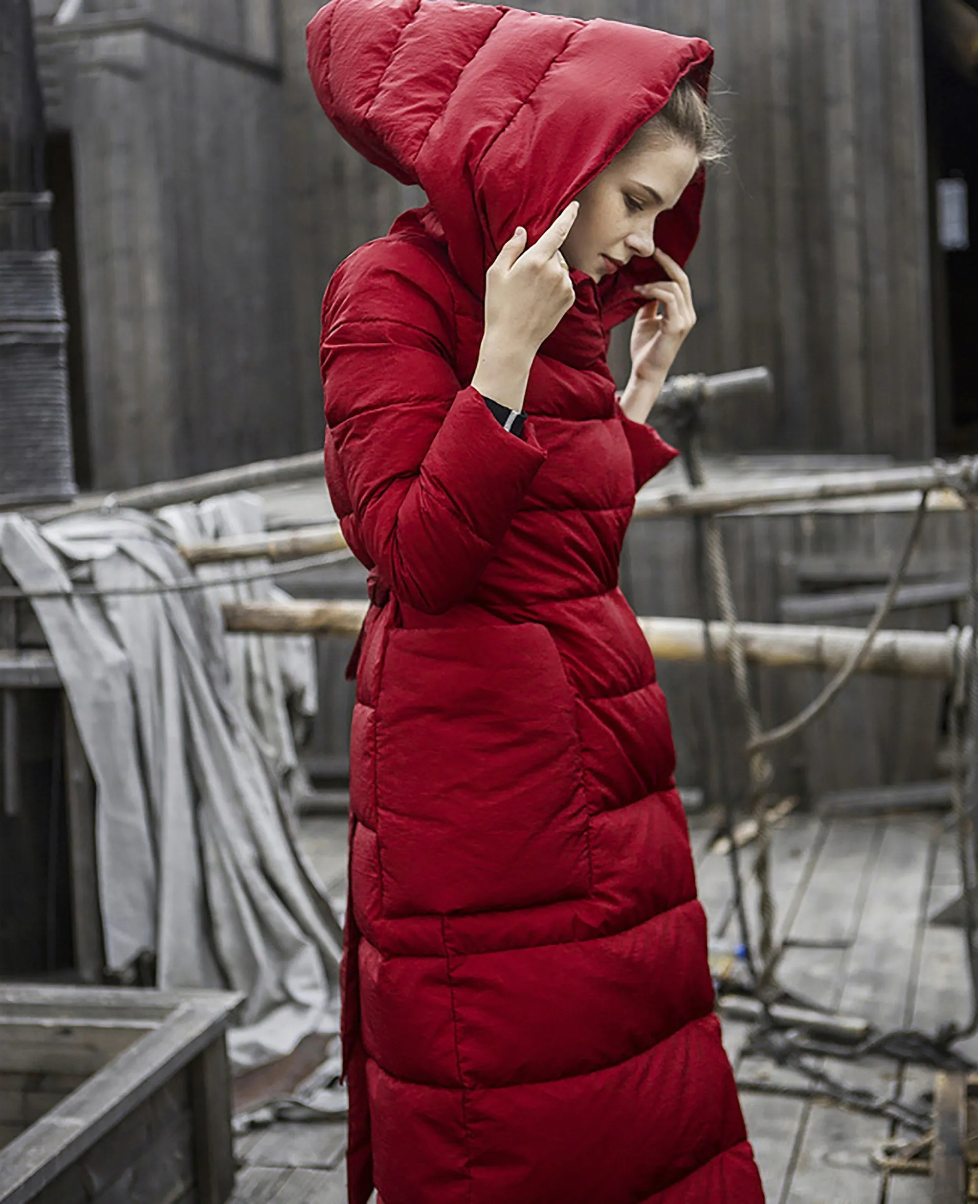 Hooded Belted Wrap Long Down Puffer Coat