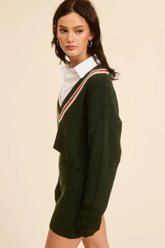 Hunter Green Preppy Two-Piece Contrast Stripe Knit Set