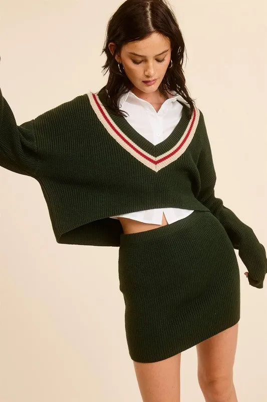 Hunter Green Preppy Two-Piece Contrast Stripe Knit Set