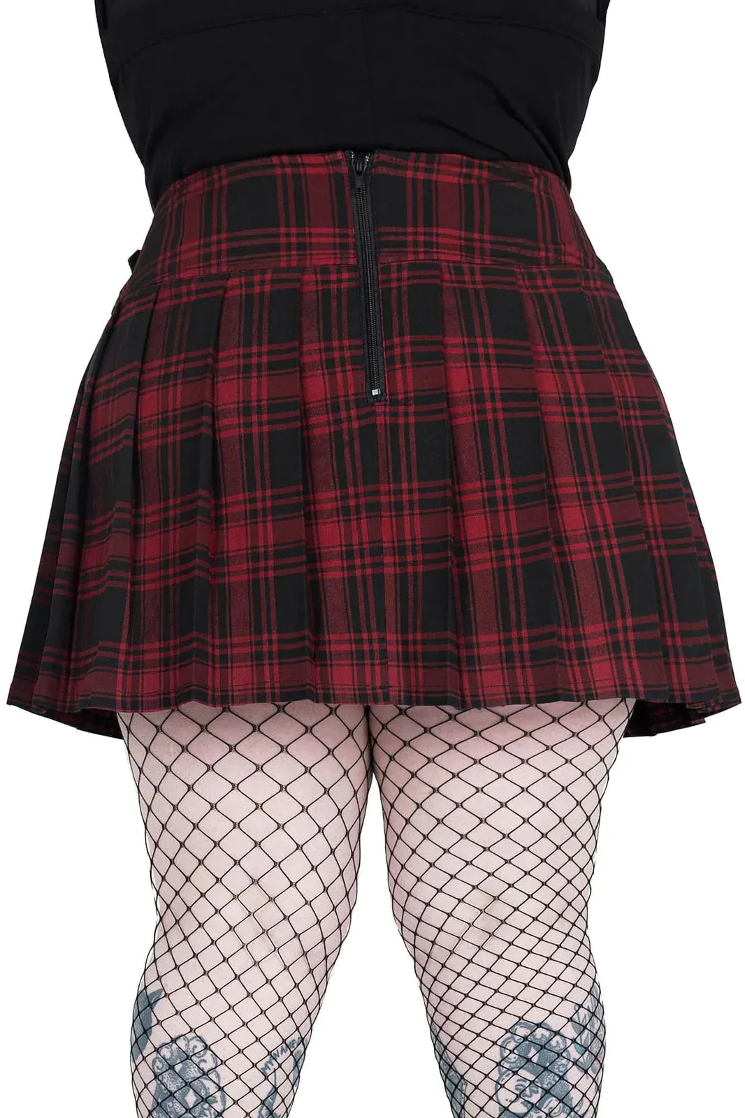 Killstar Bat Girl Skirt Red Tartan with Statement Buckles