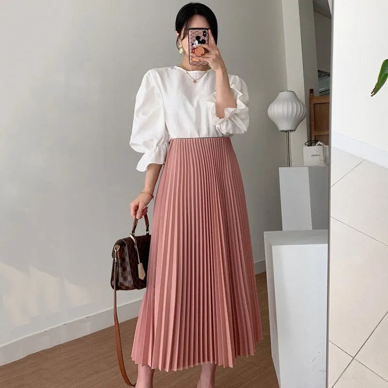 [Korean Style] Allissa Ruffle Blouse w/ Pleated Skirt 2 pc Set