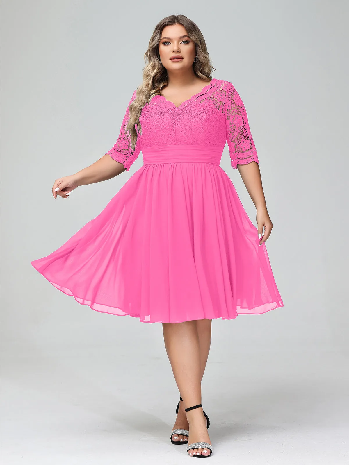 Lace and Chiffon Short Dress with Half Sleeves Azalea