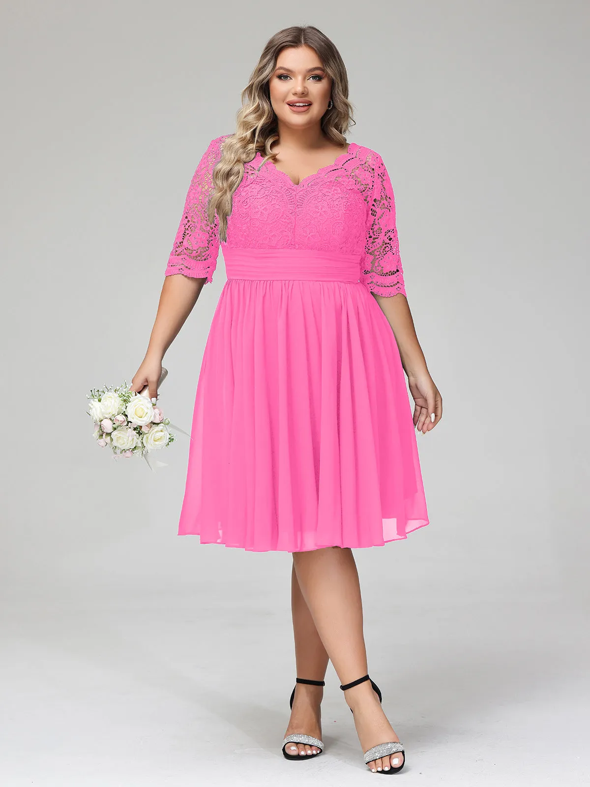 Lace and Chiffon Short Dress with Half Sleeves Azalea