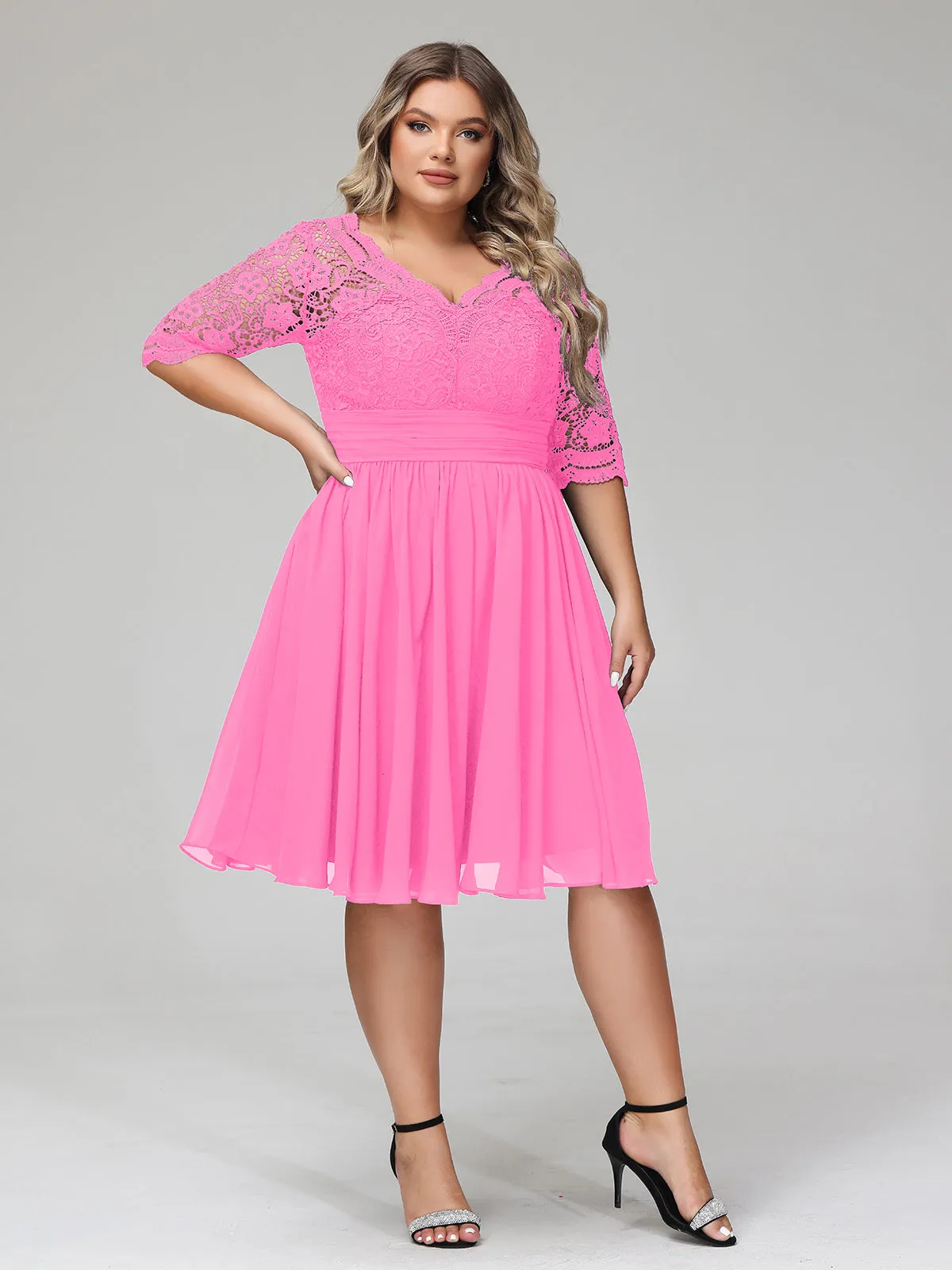 Lace and Chiffon Short Dress with Half Sleeves Azalea