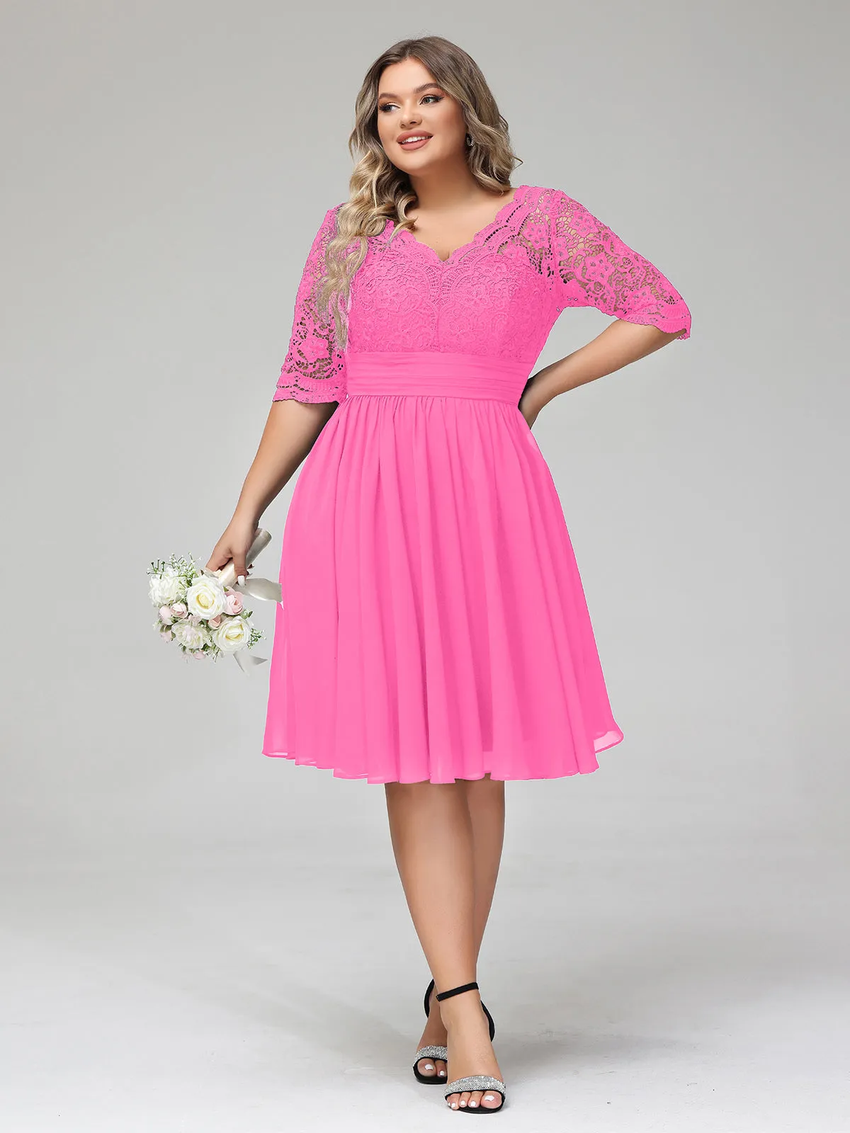 Lace and Chiffon Short Dress with Half Sleeves Azalea