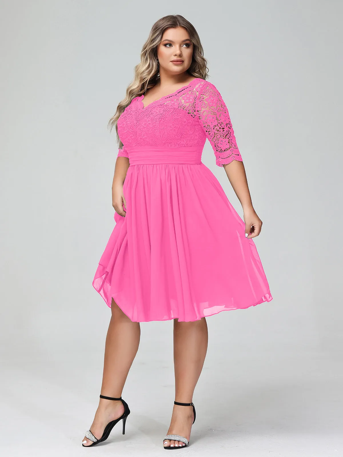 Lace and Chiffon Short Dress with Half Sleeves Azalea