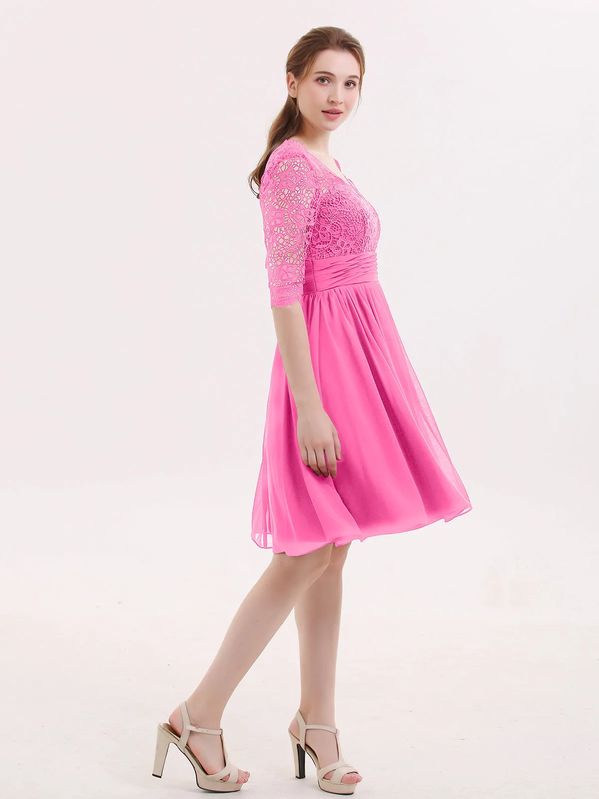 Lace and Chiffon Short Dress with Half Sleeves Azalea