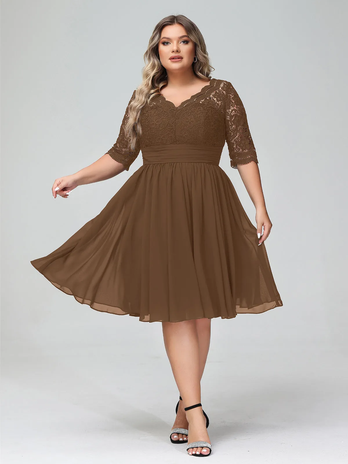 Lace and Chiffon Short Dress with Half Sleeves Brown