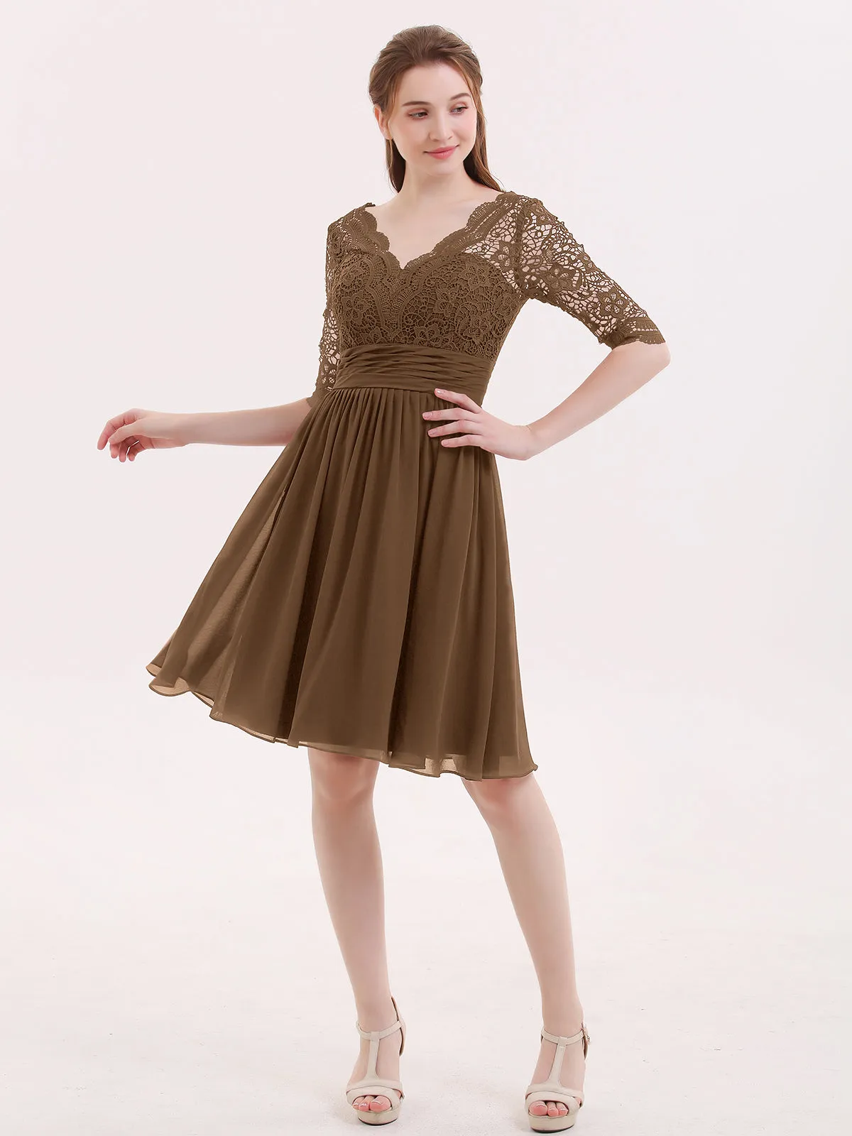 Lace and Chiffon Short Dress with Half Sleeves Brown