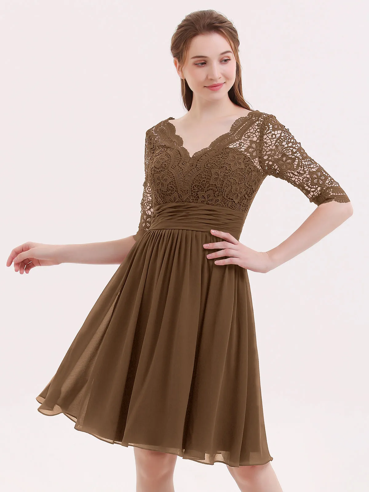 Lace and Chiffon Short Dress with Half Sleeves Brown