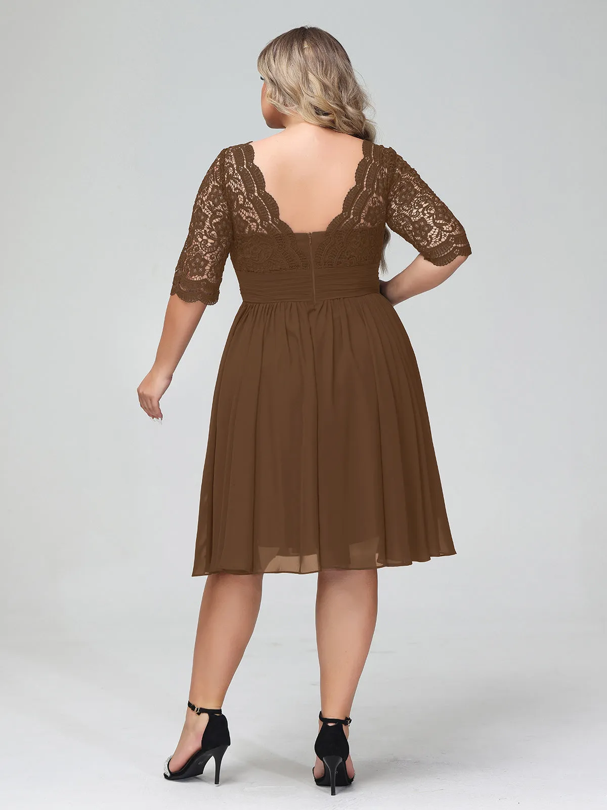 Lace and Chiffon Short Dress with Half Sleeves Brown