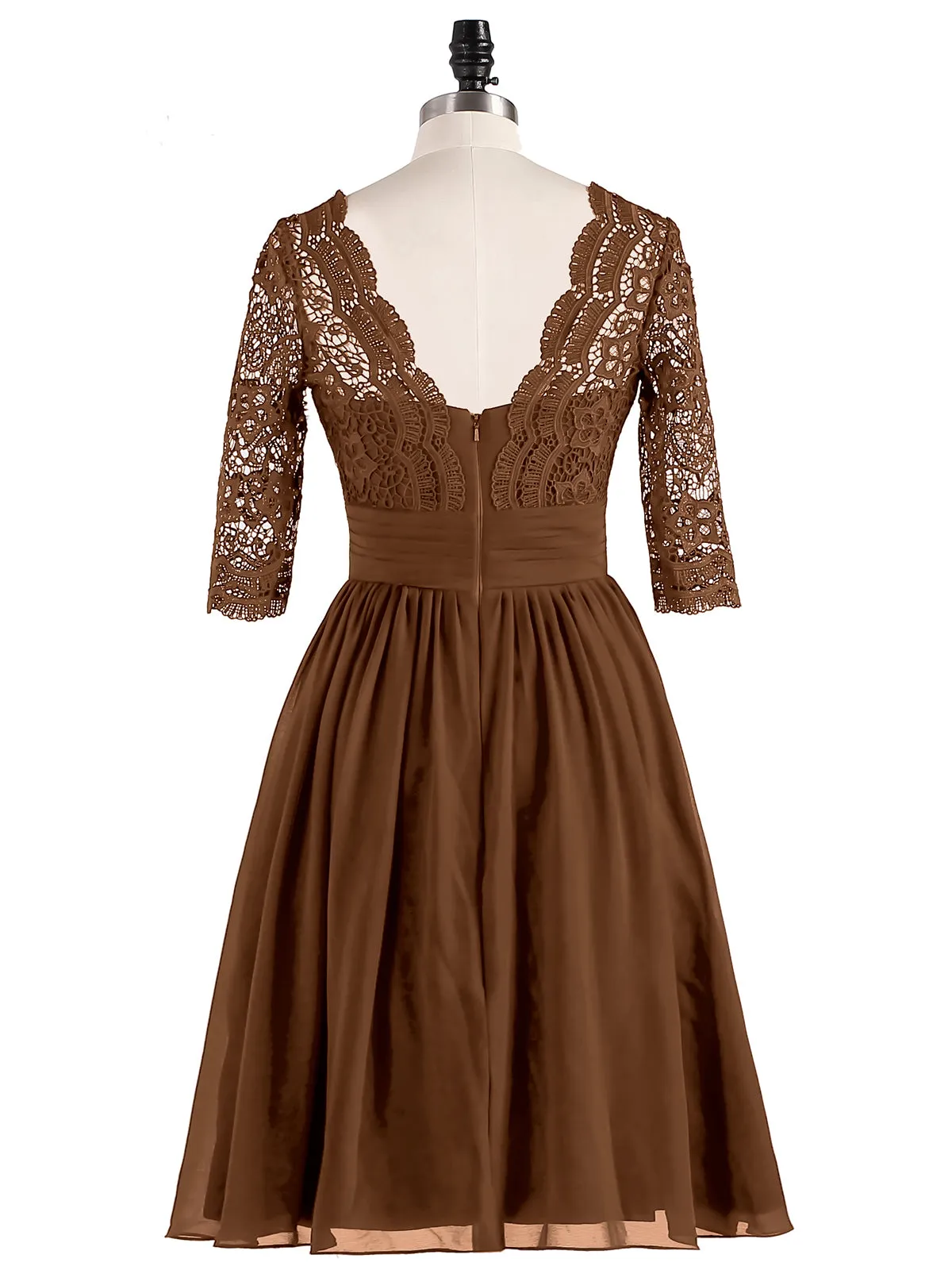 Lace and Chiffon Short Dress with Half Sleeves Brown