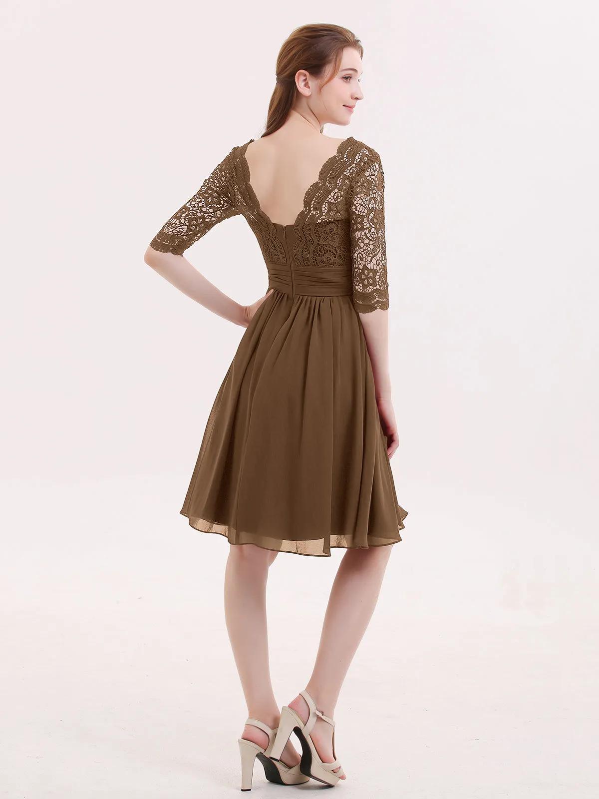 Lace and Chiffon Short Dress with Half Sleeves Brown