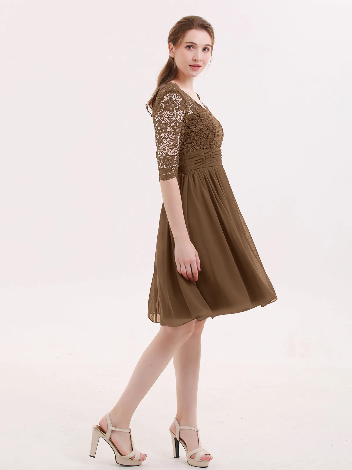 Lace and Chiffon Short Dress with Half Sleeves Brown