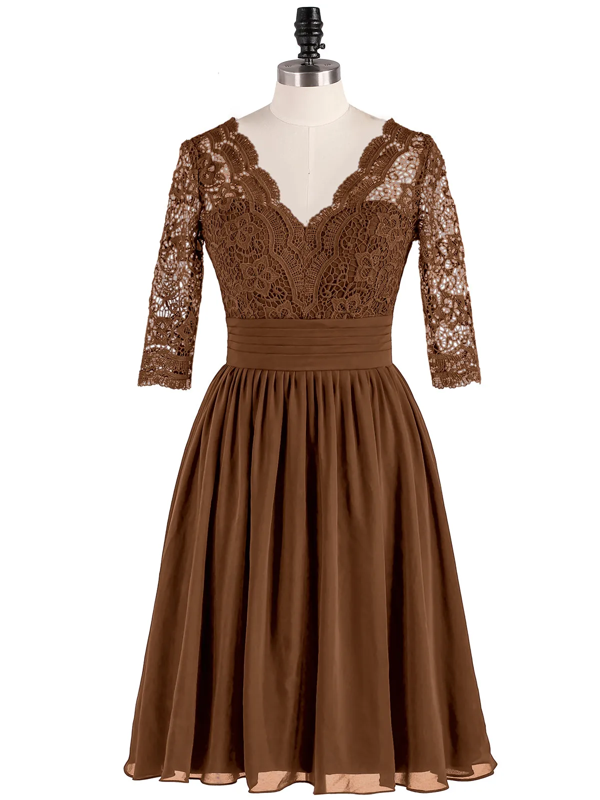 Lace and Chiffon Short Dress with Half Sleeves Brown