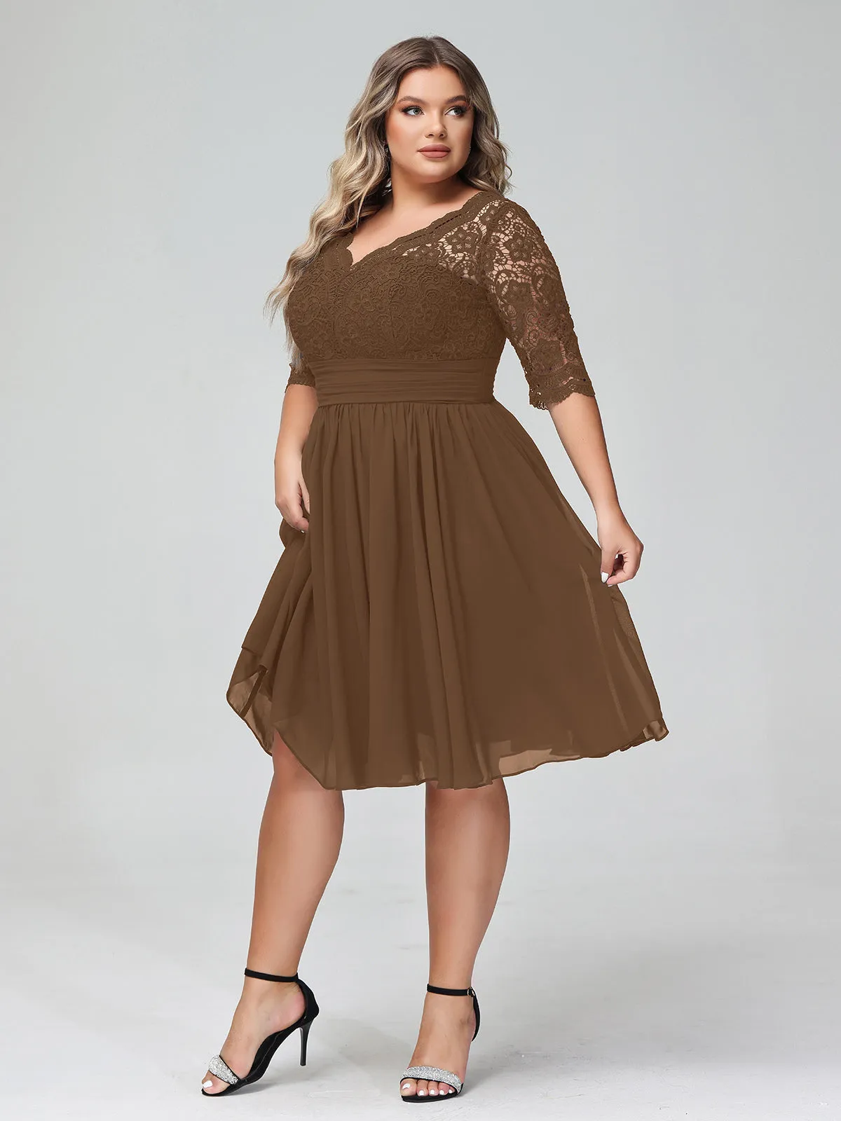 Lace and Chiffon Short Dress with Half Sleeves Brown