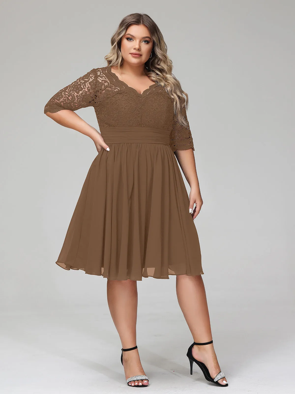 Lace and Chiffon Short Dress with Half Sleeves Brown