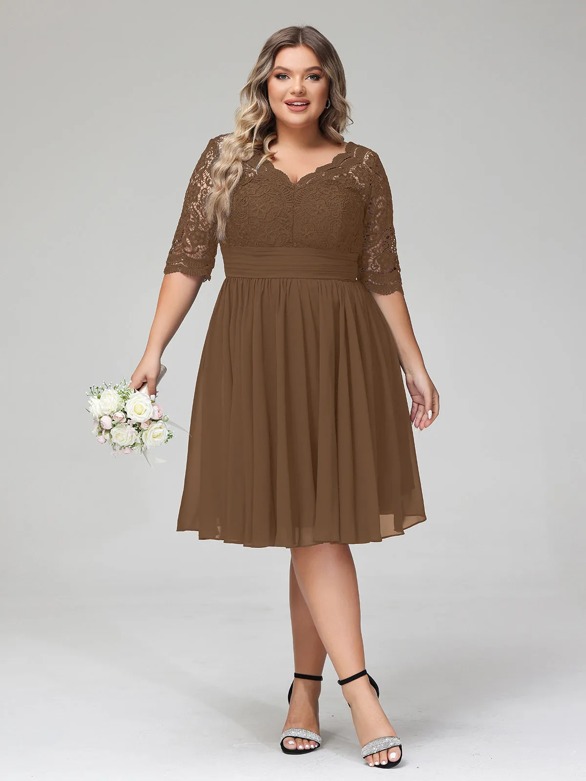 Lace and Chiffon Short Dress with Half Sleeves Brown