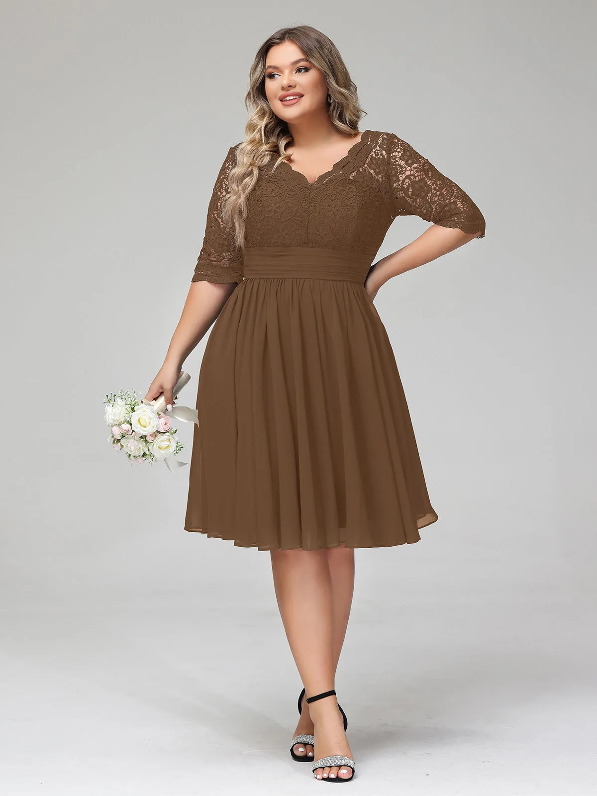 Lace and Chiffon Short Dress with Half Sleeves Brown