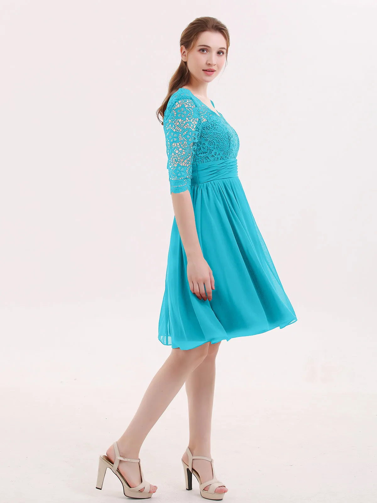 Lace and Chiffon Short Dress with Half Sleeves Jade